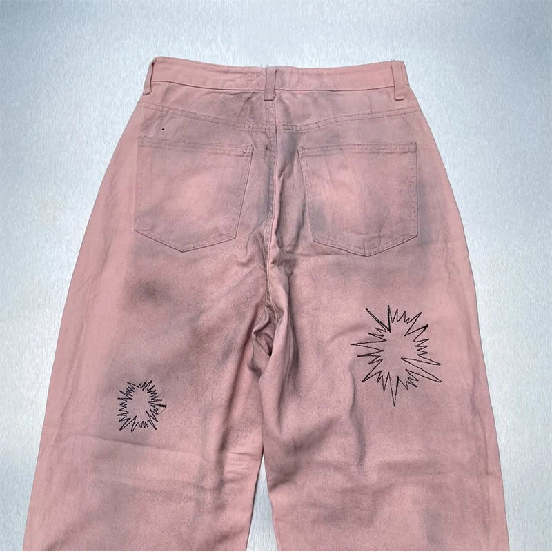 Custom Men's Pink Straight Casual Light Wash Mid Waist Knitted Denim Jeans Washable Spring Street Wear