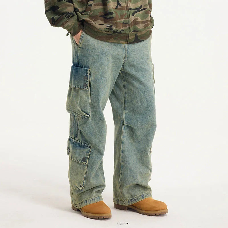 Custom Men's Vintage Casual Cargo Denim Jeans Men Mid Waist Light Wash Jeans with Side Pockets