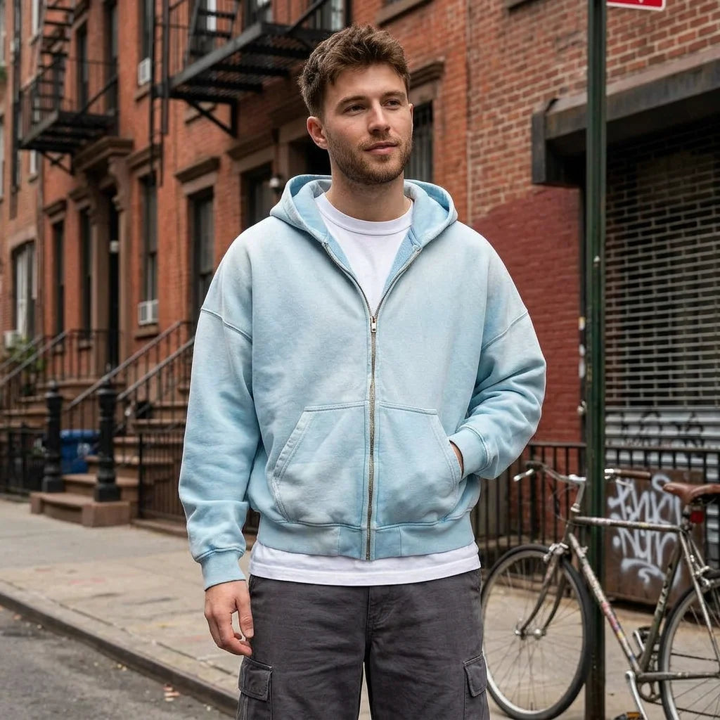 Custom Zip up Hoodies Crop Fit Heavy Weight Sun Fade Boxy Zipper Hoodie for Men