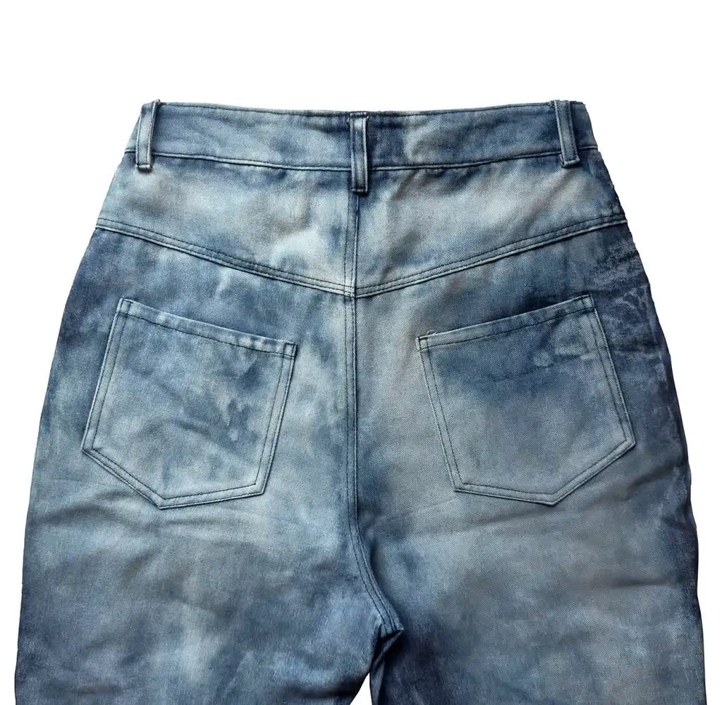 OEM Custom Vintage Designer Biker Flare Denim Jeans for Men Breathable Washed Distressed Leather Patch Patchwork Winter Spring