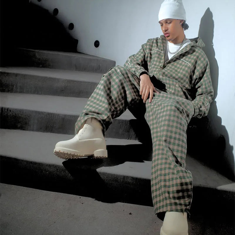 Custom Men Stack Joggers Set Two Piece Set Men Clothing Plaid Track Suit Sets High Quality