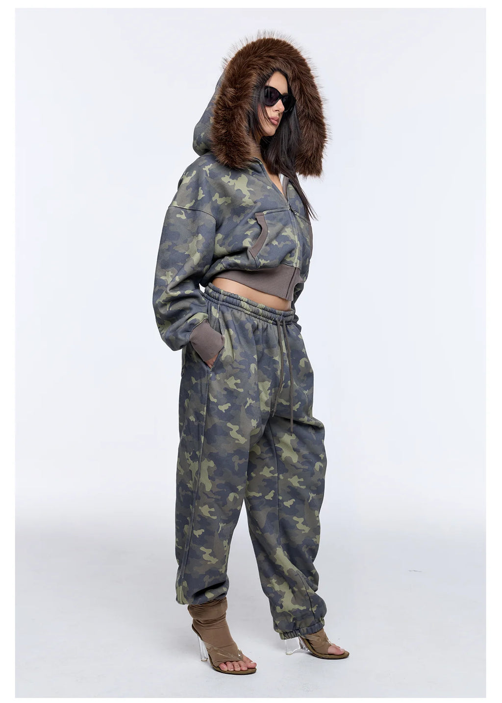 Custom Women's Printed Camouflage Fur Tracksuit for Women Jogger Set Camo Hoodie and Sweatpants