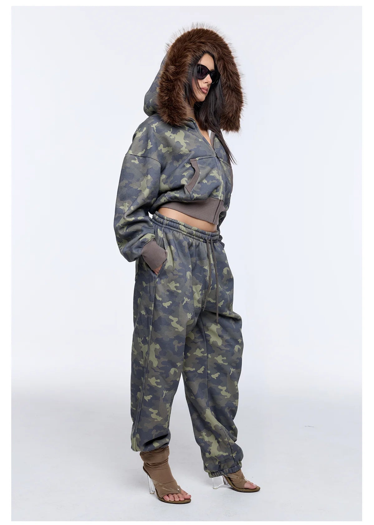 Custom Women's Printed Camouflage Fur Tracksuit for Women Jogger Set Camo Hoodie and Sweatpants