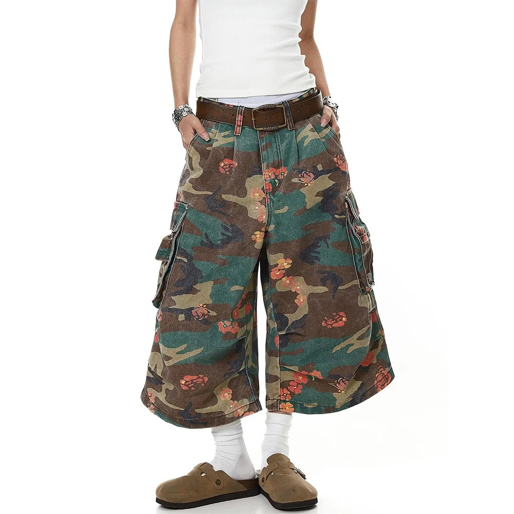 Custom Women Camo 3/4 Baggy Denim Shorts Streetwear Ladies Long Cargo Denim Shorts