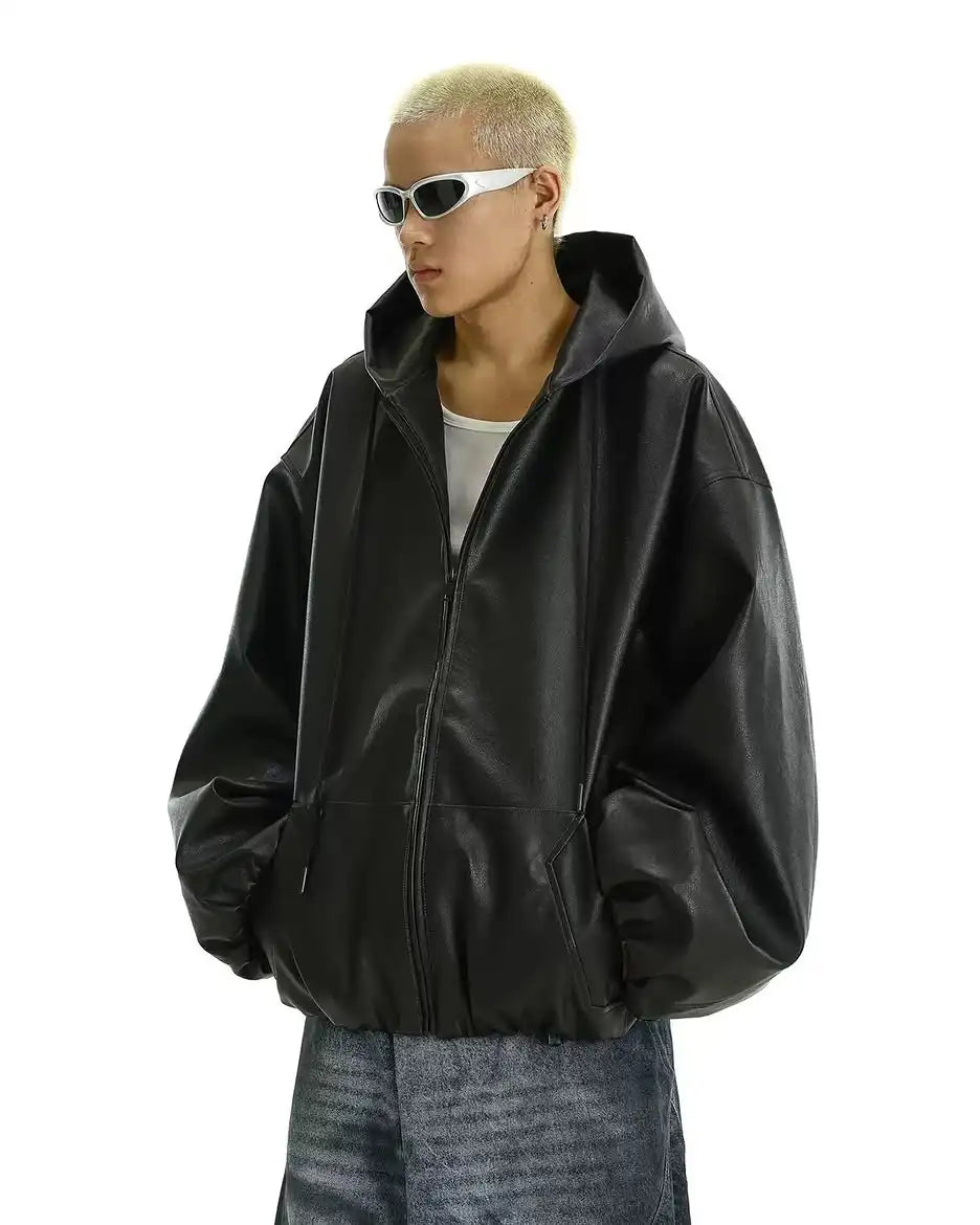Custom Pu Hooded Leather Jacket for Men Oversize Zip up Hoodie Jacket