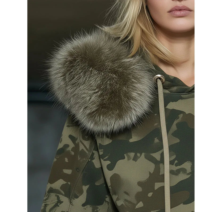 Custom Women's Printed Camouflage Fur Tracksuit for Women Jogger Set Camo Hoodie and Sweatpants