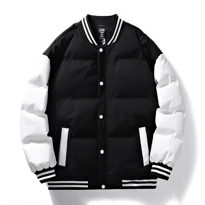 Men's Casual Winter Streetwear Puffer Jacket Color Blocked Baseball Coat with Zipper Closure Padded Nonwoven Woven Method
