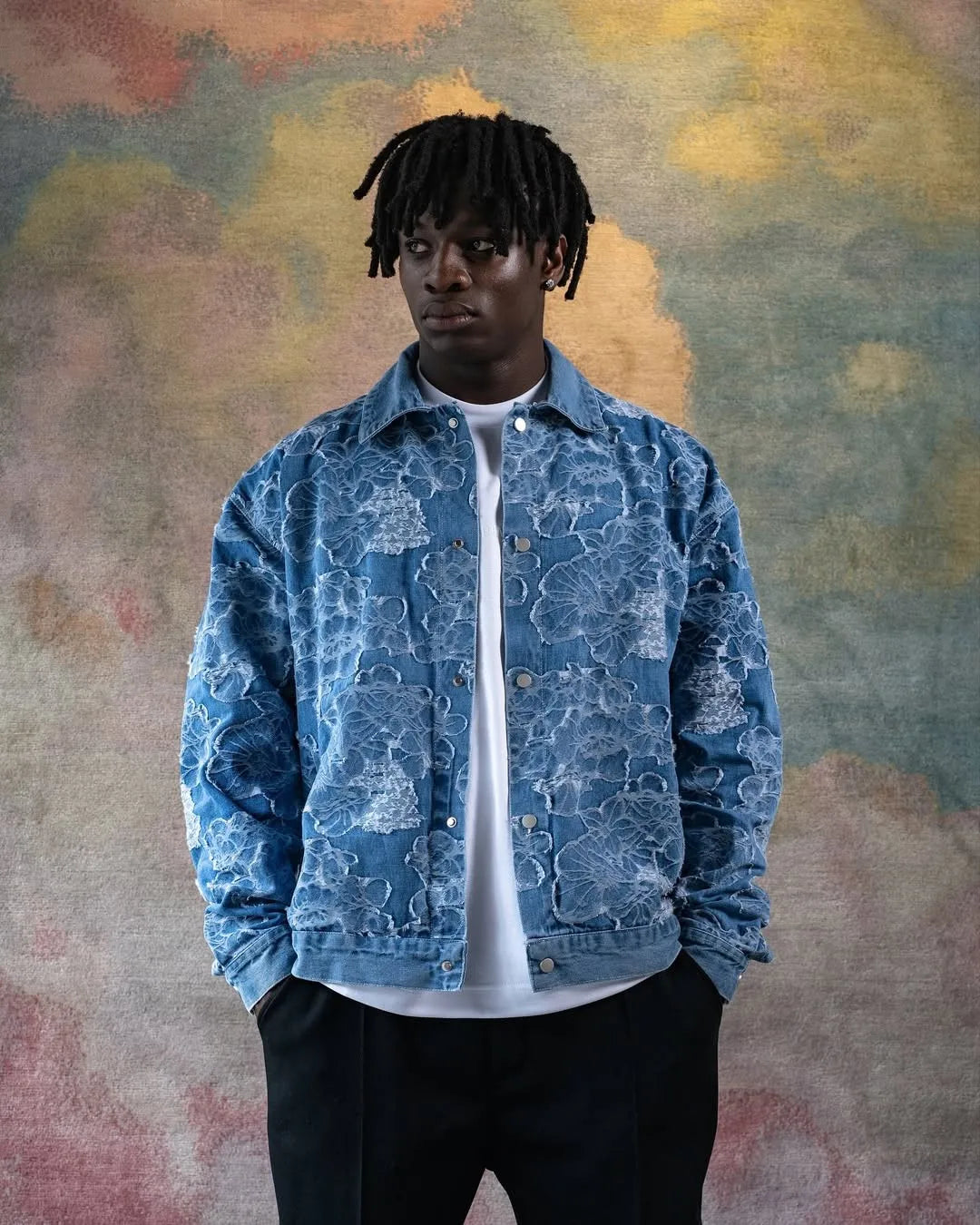 Custom Men's Denim Jacket with Embroidery Jacquard Weave Floral Denim Jacket for Men