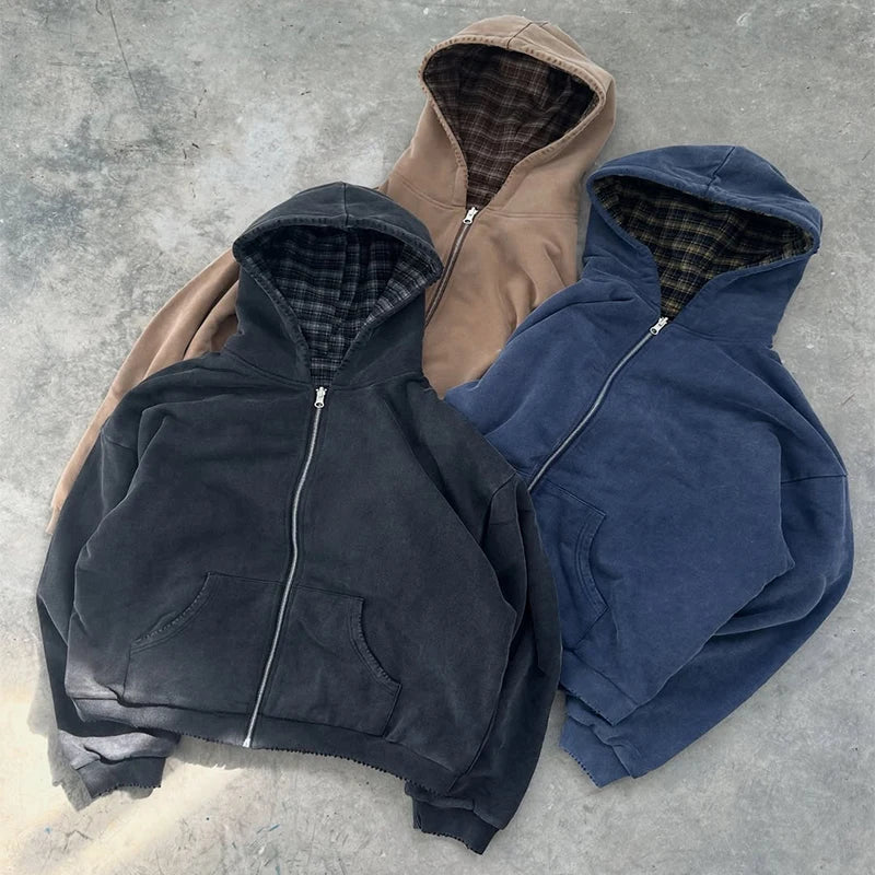 Customised  Plaid Zip up Hoodie for Men Reversible Plaid Hoodie High Quality Heavyweight Hoodie