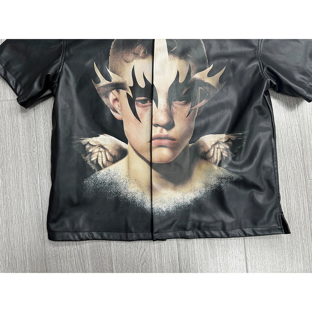Custom Mens Leather Shirt for Men Zip up Black Leather Shirt Short Sleeve Graphic Print Pu Leather Shirt