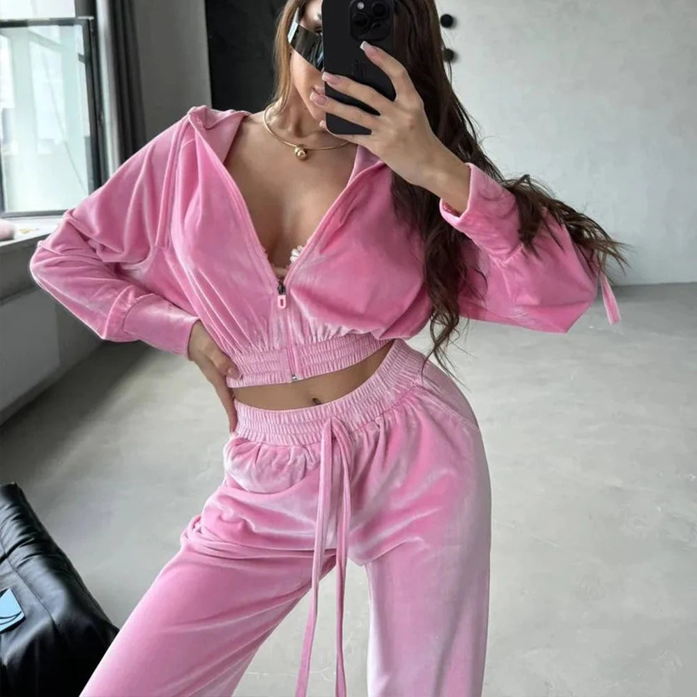 Custom Women's Tracksuit Set Ladies Velvet Tracksuit Women Velour Cropped Hoodie Tracksuit Set Track Suits for Ladies Women