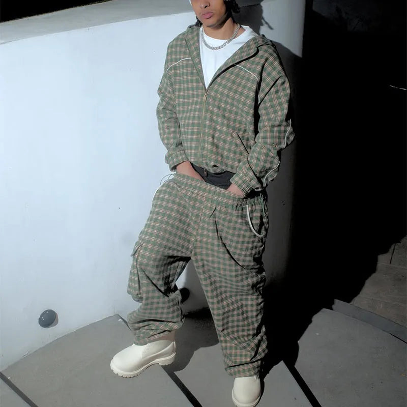 Custom Men Stack Joggers Set Two Piece Set Men Clothing Plaid Track Suit Sets High Quality