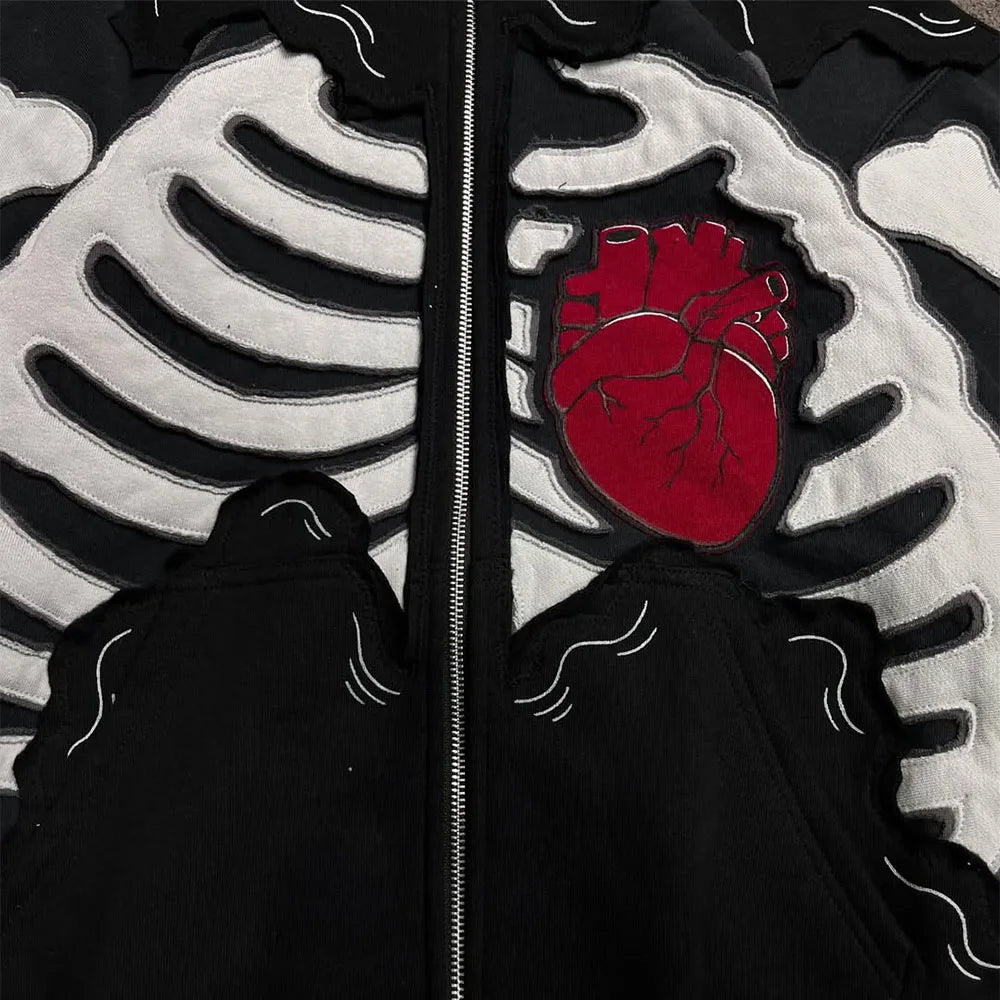 Custom Designer Y2k Hoodie 600 Gsm Skeleton Embroidered Full Zip up Hoodie for Men