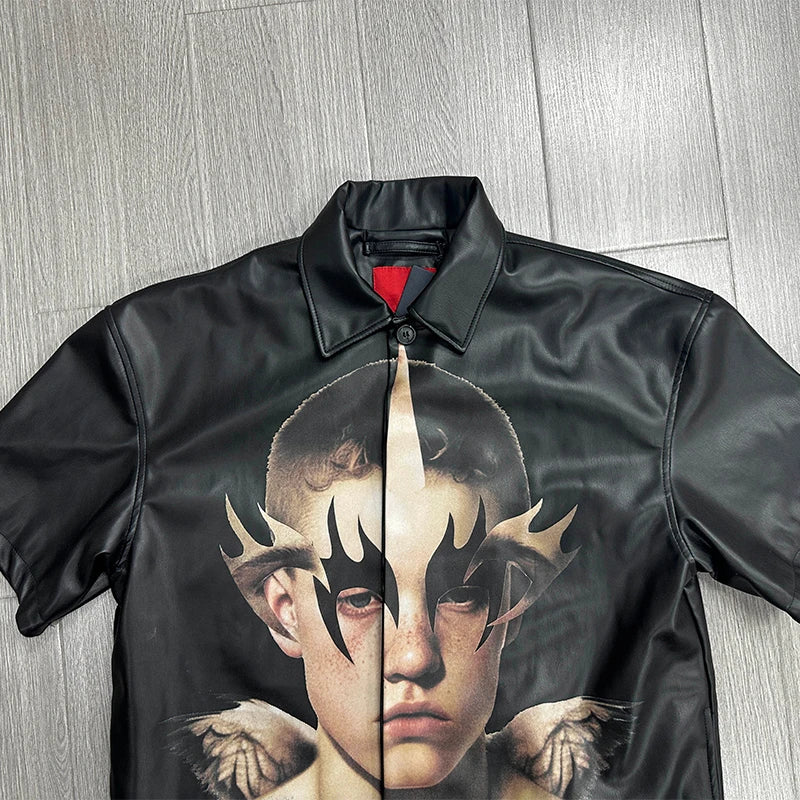 Custom Mens Leather Shirt for Men Zip up Black Leather Shirt Short Sleeve Graphic Print Pu Leather Shirt
