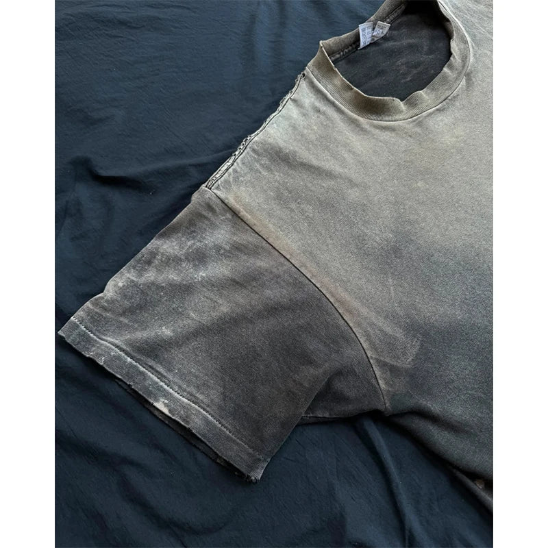 Custom Acid Wash Embroidered Vintage Letter Print 100% Cotton O-Neck Knitted T-shirt for Men 220 Grams Loose Fit Street Style
