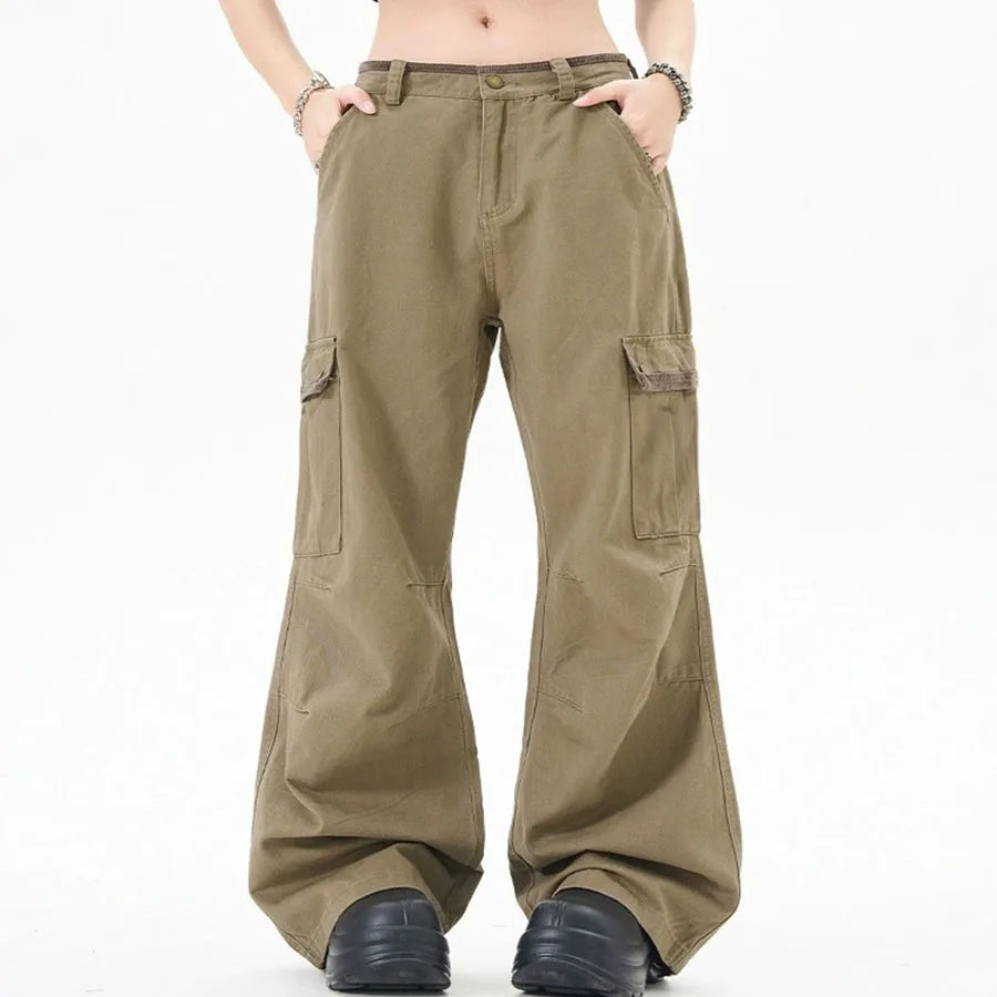 Custom Women's Wide Leg Cargo Pants Spring Casual Loose Fit High Waist Drawstring Closure 6 Pockets