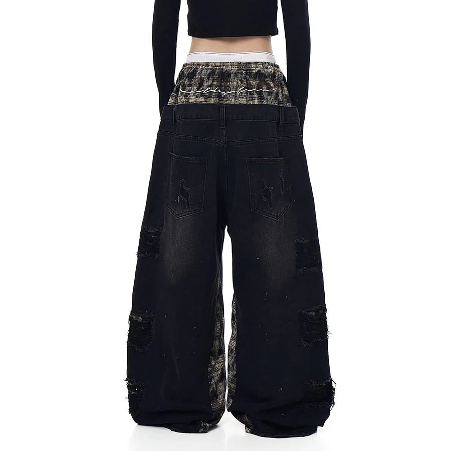Custom Plus Size Women's Double Layer Waist Baggy Denim Jeans Ripped Wide Leg Jeans for Ladies
