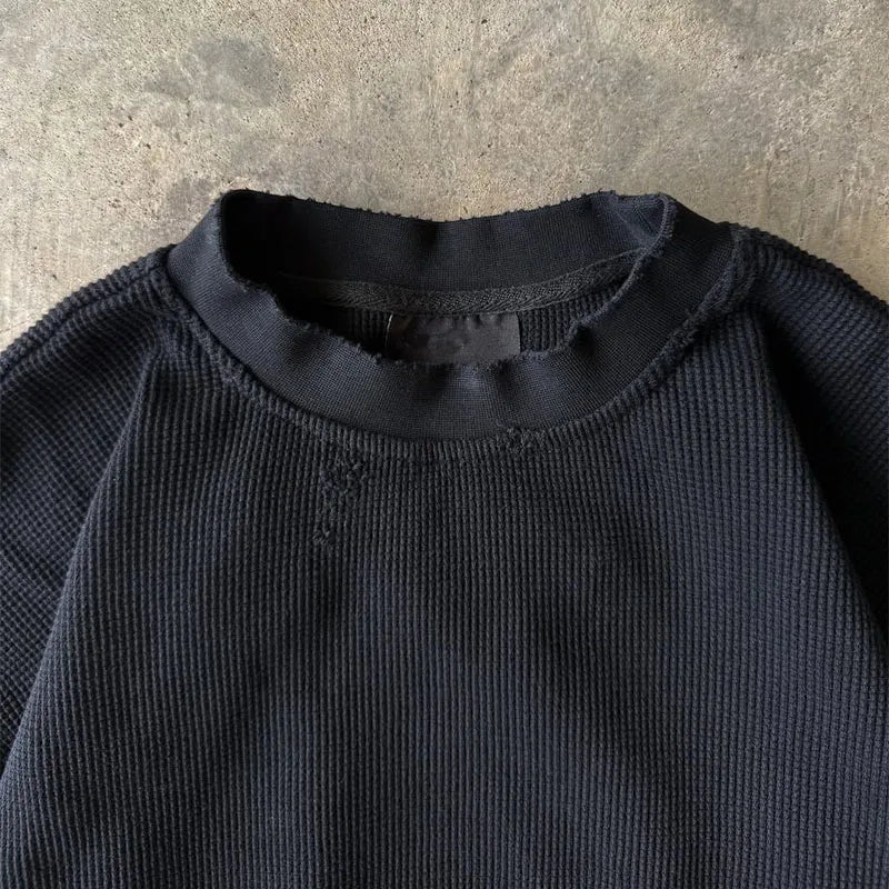 Custom Waffle Knit Long Sleeve Top Streetwear 200 Gsm Cotton Long Sleeve t Shirt for Men Boxy Thermal Shirt Long Sleeve