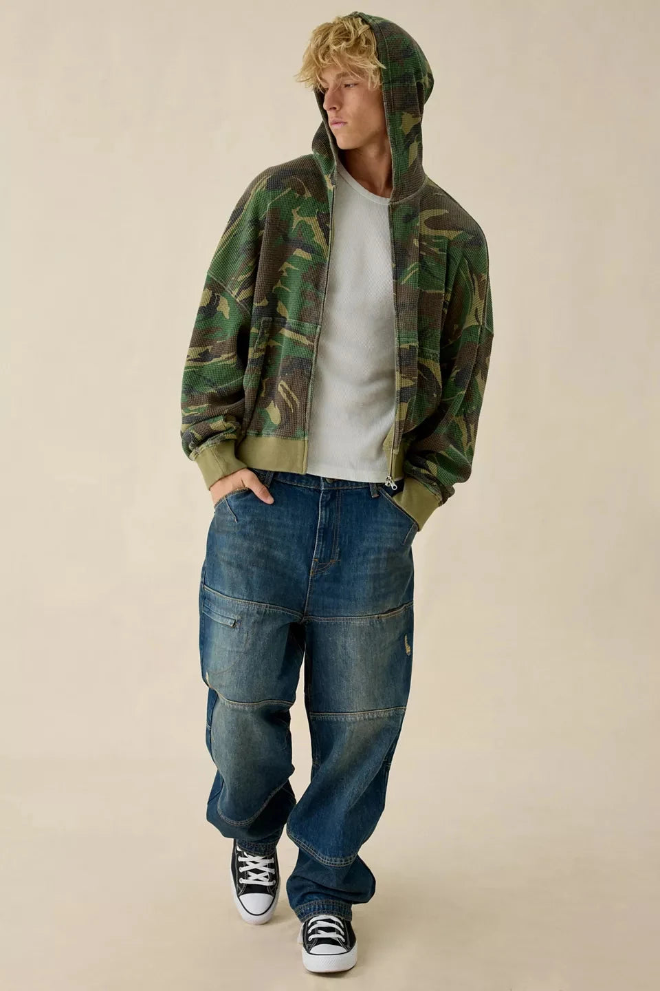 Custom Camo Pattern Waffle Zip up Hoodie for Men Boxy Camouflage Zipper Hoodie