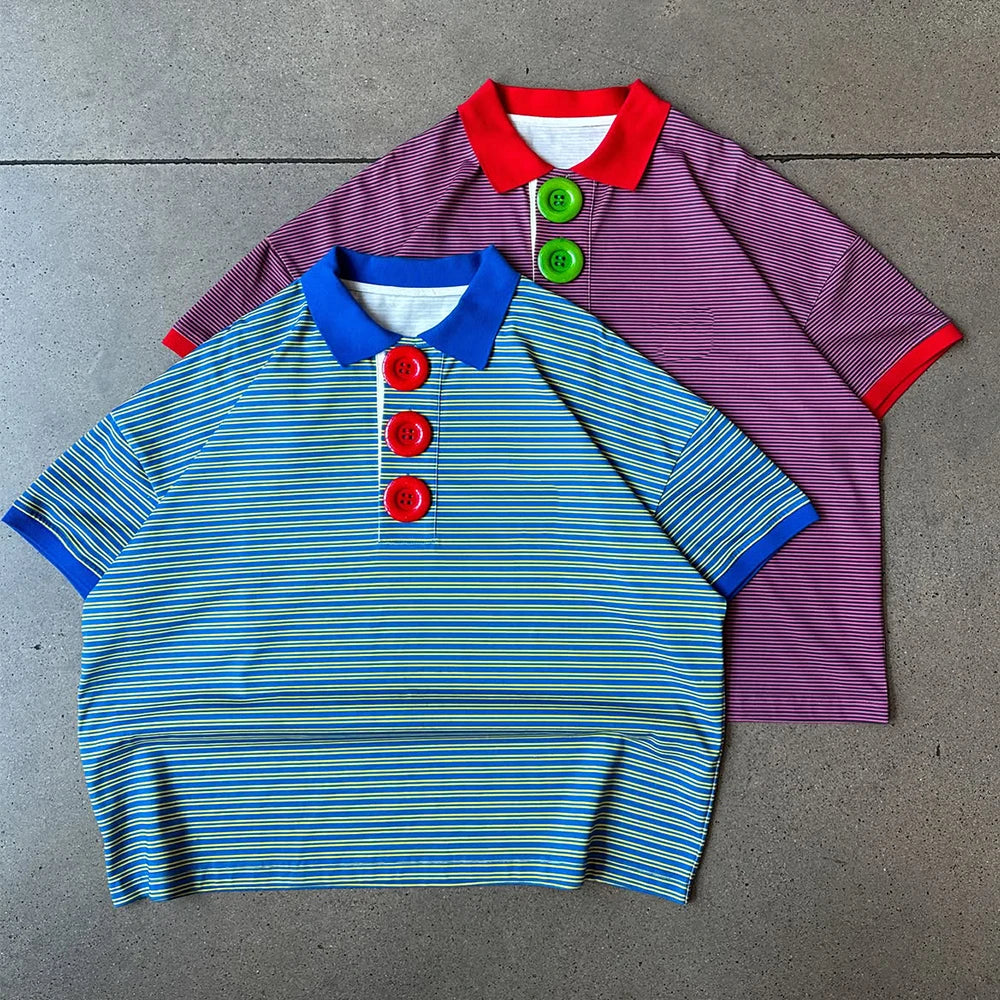 Custom Men's Summer Casual Polo Shirts High Quality Streetwear Boxy Fit Striped Polo Shirts Men