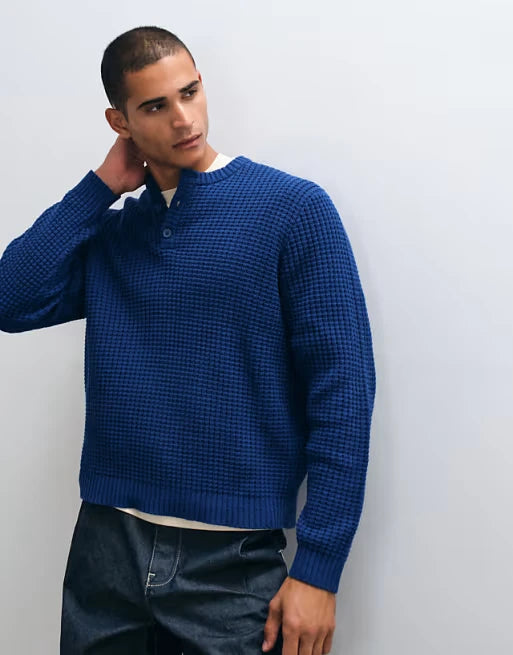 Custom Men's Casual Textured Waffle Henley Sweater for Men Knitted Sweater Clothing Manufacturer