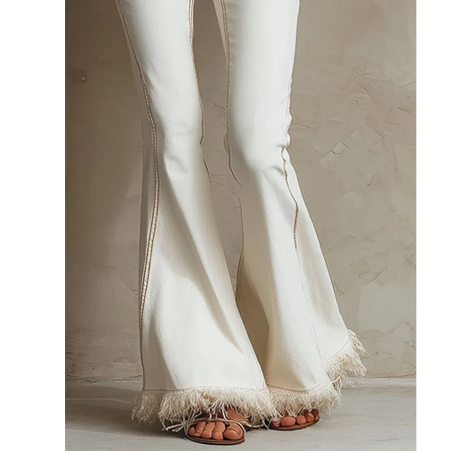 Custom Women's Skinny Flare Jeans White Frayed Hem Low Rise 100% Cotton Denim