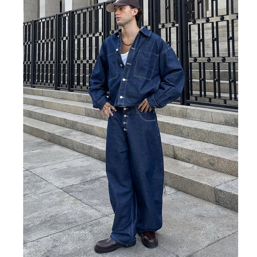 Custom Men's 2 Piece Denim Shirt Set Streetwear Jean Jacket and Pants Set for Men