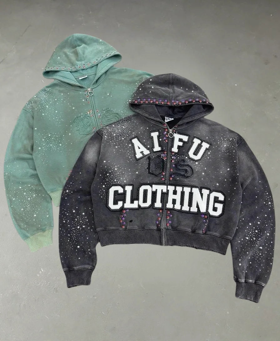 Custom High Quality Autumn Streetwear Cotton Hoodie Cropped Distressed Embroidery Heavyweight 500g Acid Wash Sweatshirt Set Men
