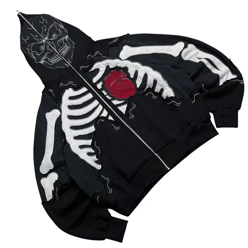 Custom Designer Y2k Hoodie 600 Gsm Skeleton Embroidered Full Zip up Hoodie for Men