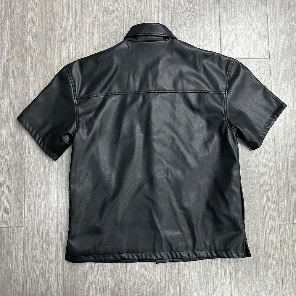 Custom Mens Leather Shirt for Men Zip up Black Leather Shirt Short Sleeve Graphic Print Pu Leather Shirt
