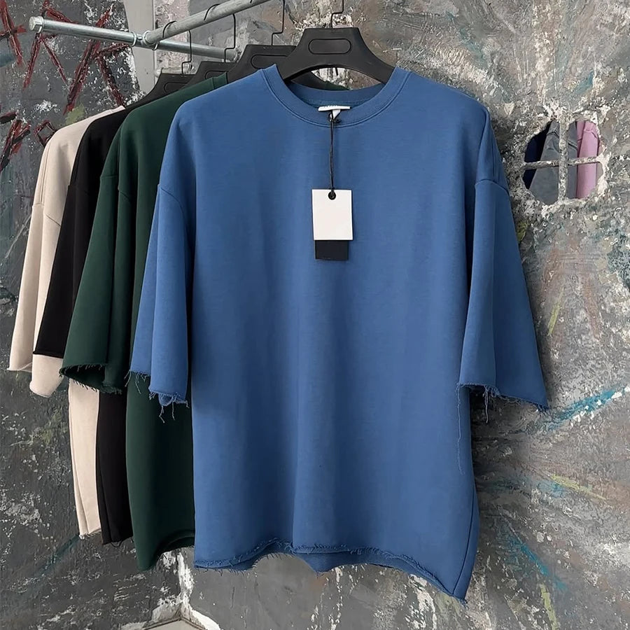 Custom 100% Cotton 300 Grams French Terry Knitted O-Neck Loose Fit Solid Blank Washed Street Style Men's T-shirt Raw Cut Hem