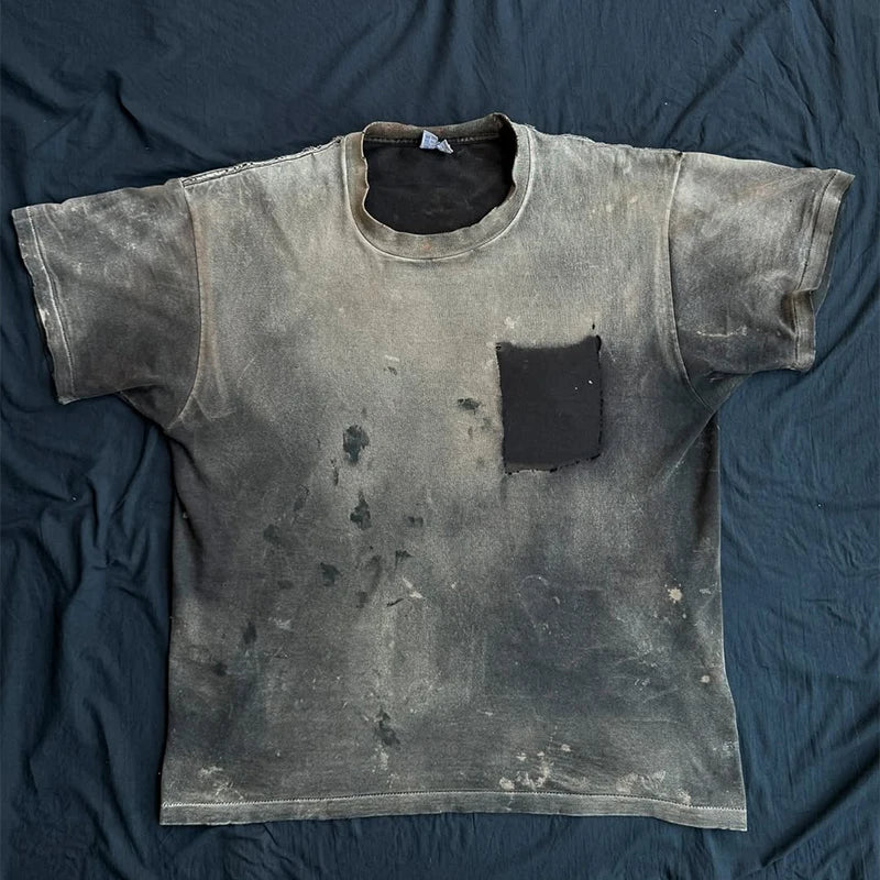 Custom Acid Wash Embroidered Vintage Letter Print 100% Cotton O-Neck Knitted T-shirt for Men 220 Grams Loose Fit Street Style