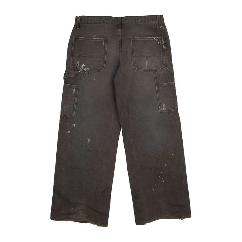 Custom Vintage Straight Mid Waist Work Trousers Distressed Double Knee Carpenter Pants Men's Casual