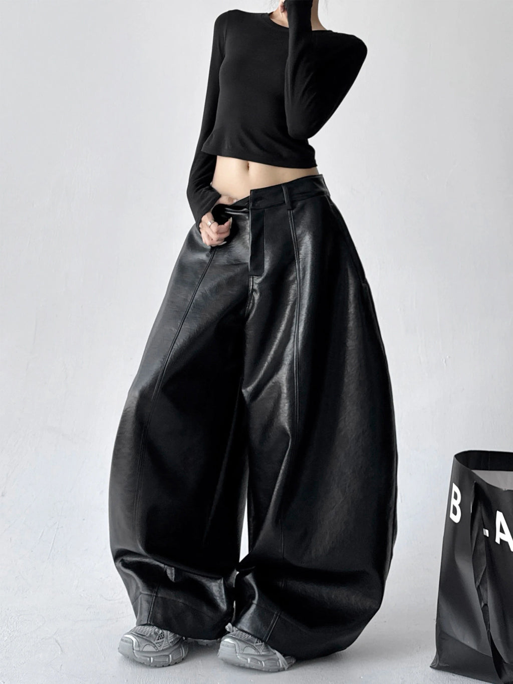 Custom Ladies Casual Wide Leg Leather Pants for Women Black Pu Leather Pants Trouser