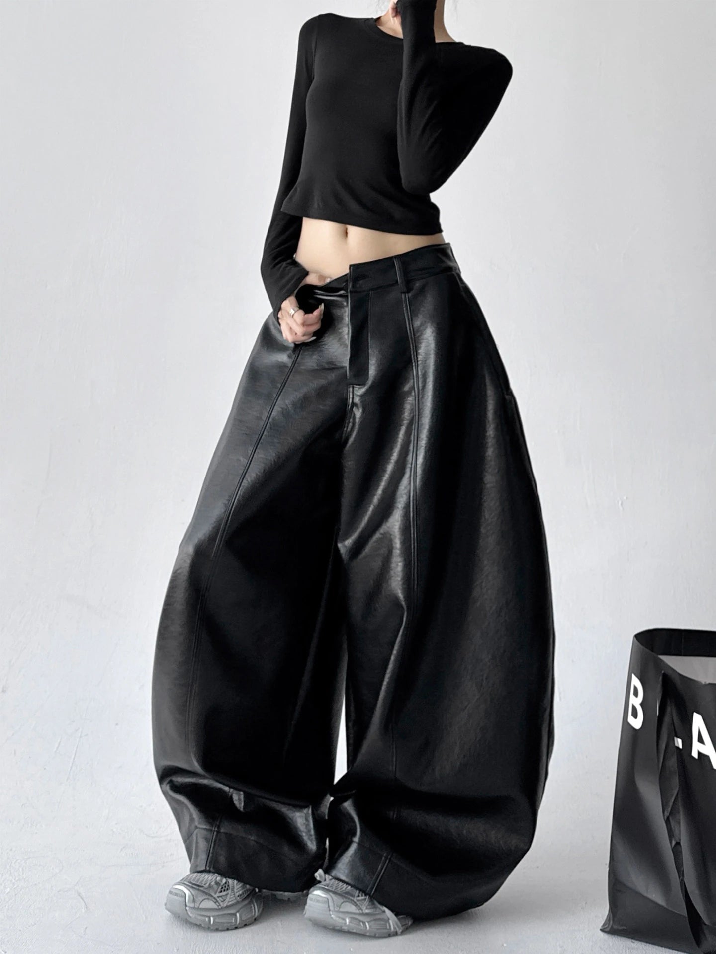 Custom Ladies Casual Wide Leg Leather Pants for Women Black Pu Leather Pants Trouser