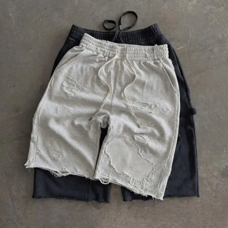 Custom Men's Casual Shorts 100% Cotton  3/4 Shorts for Men Distressed Ripped Long Sweat Shorts