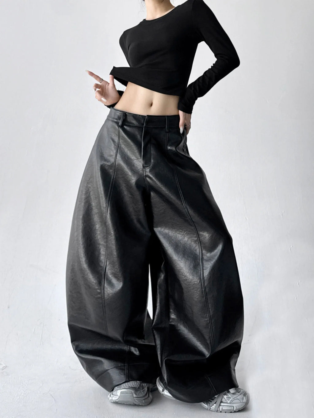 Custom Ladies Casual Wide Leg Leather Pants for Women Black Pu Leather Pants Trouser