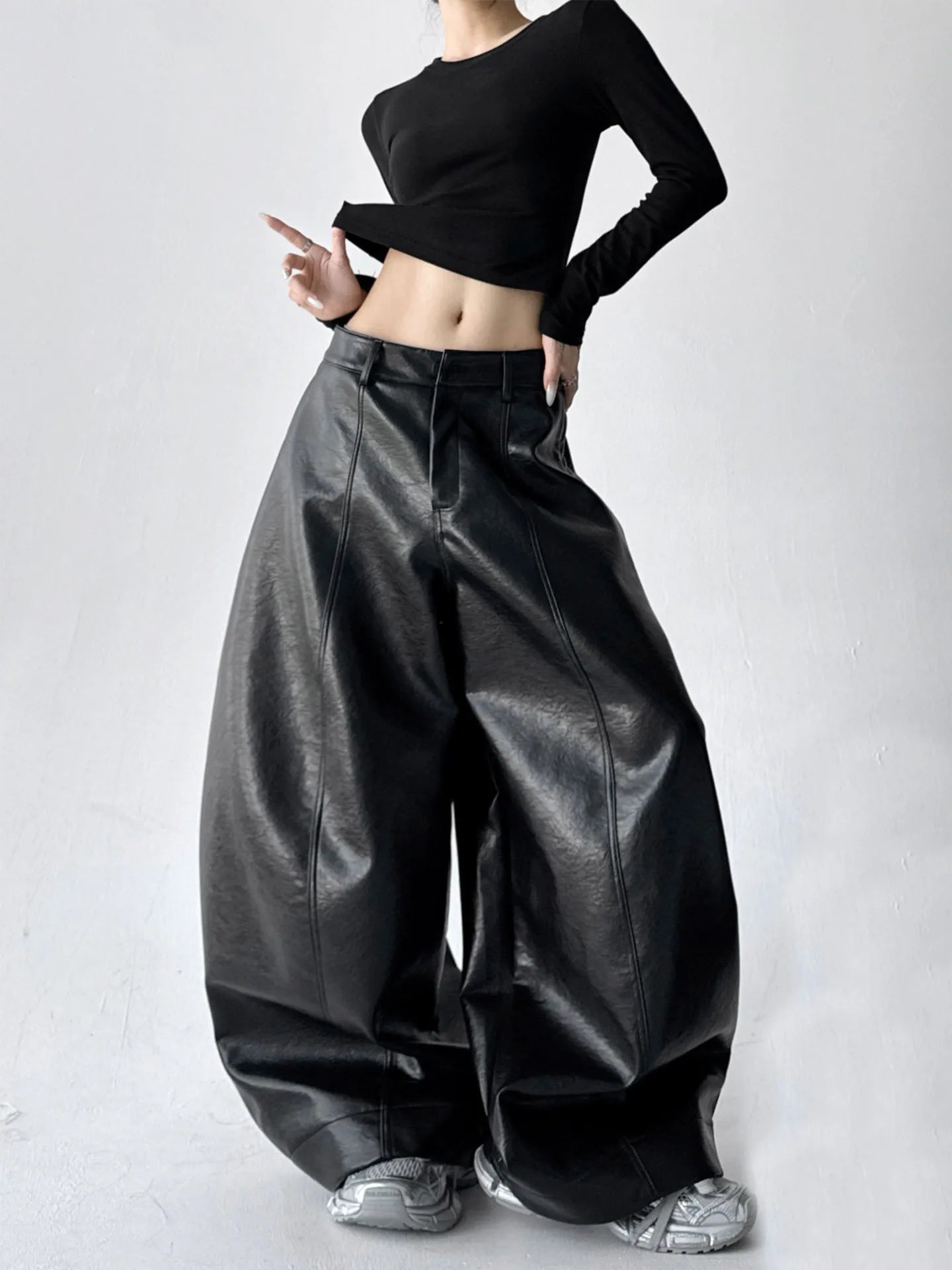 Custom Ladies Casual Wide Leg Leather Pants for Women Black Pu Leather Pants Trouser