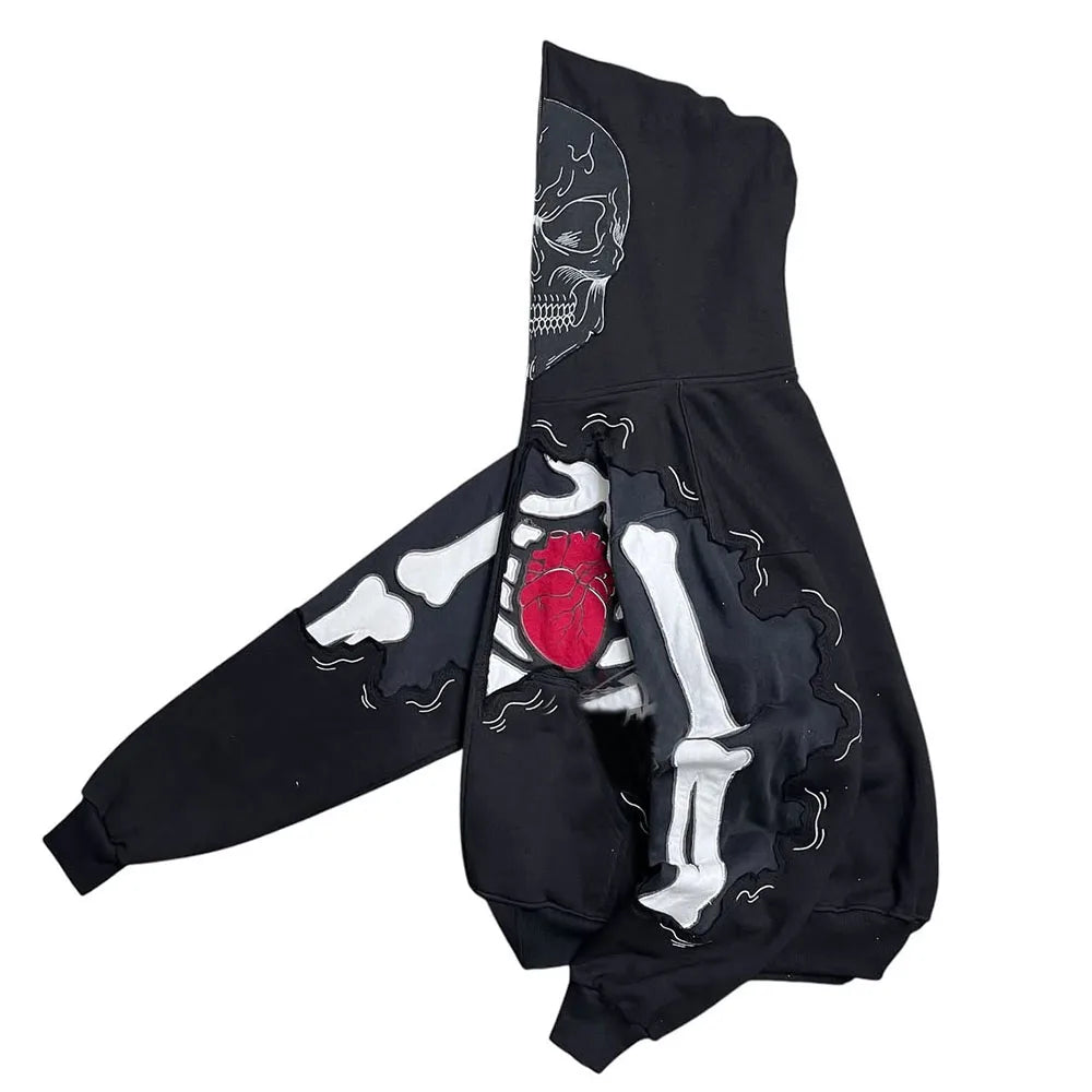 Custom Designer Y2k Hoodie 600 Gsm Skeleton Embroidered Full Zip up Hoodie for Men