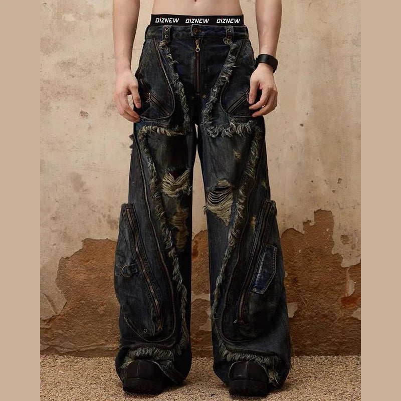 Custom Denim Straight Mid Waist Softener Fabric Vintage Heavyweight Loose Fit Plus Size Distressed Mens Patchwork White Designer