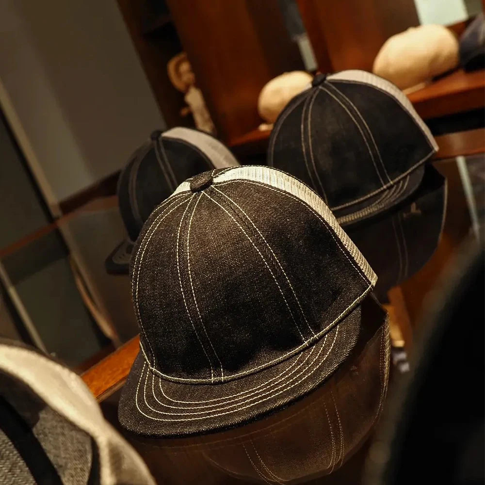 Custom Made Snap Back Denim Caps for Men Premium Mesh Black Denim Hat 7 Panel Blank Snapback Hats
