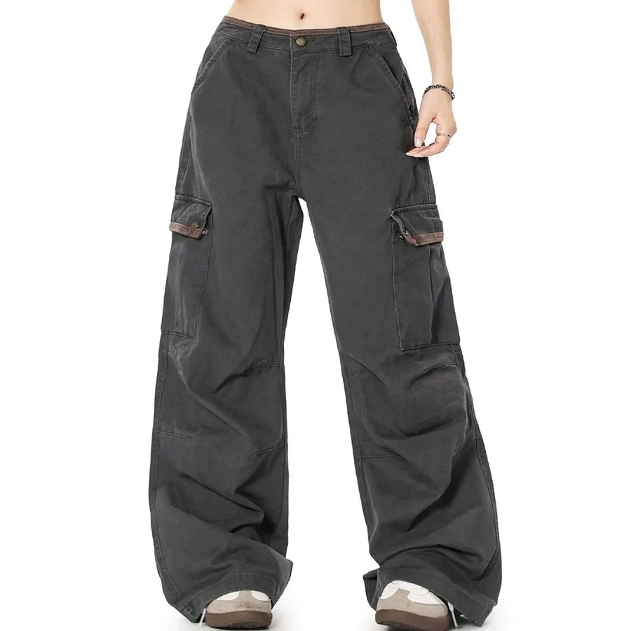 Custom Women's Wide Leg Cargo Pants Spring Casual Loose Fit High Waist Drawstring Closure 6 Pockets