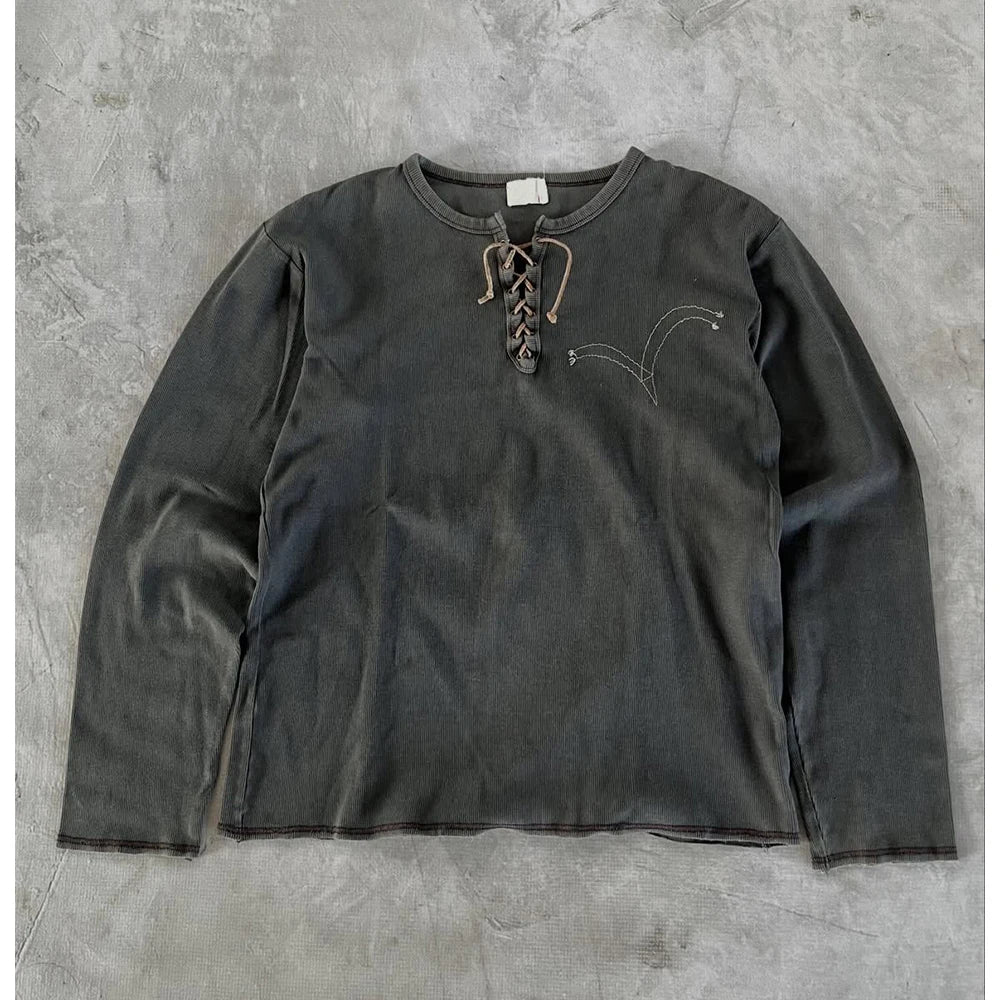 Custom logo Vintage Wash Long Sleeve t Shirt Men Henley Longsleeve Tshirt for Men