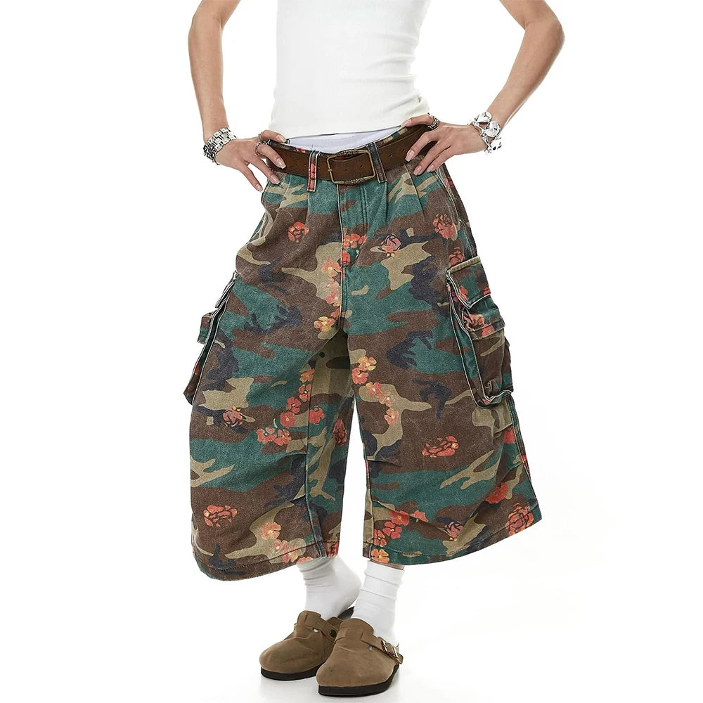 Custom Women Camo 3/4 Baggy Denim Shorts Streetwear Ladies Long Cargo Denim Shorts