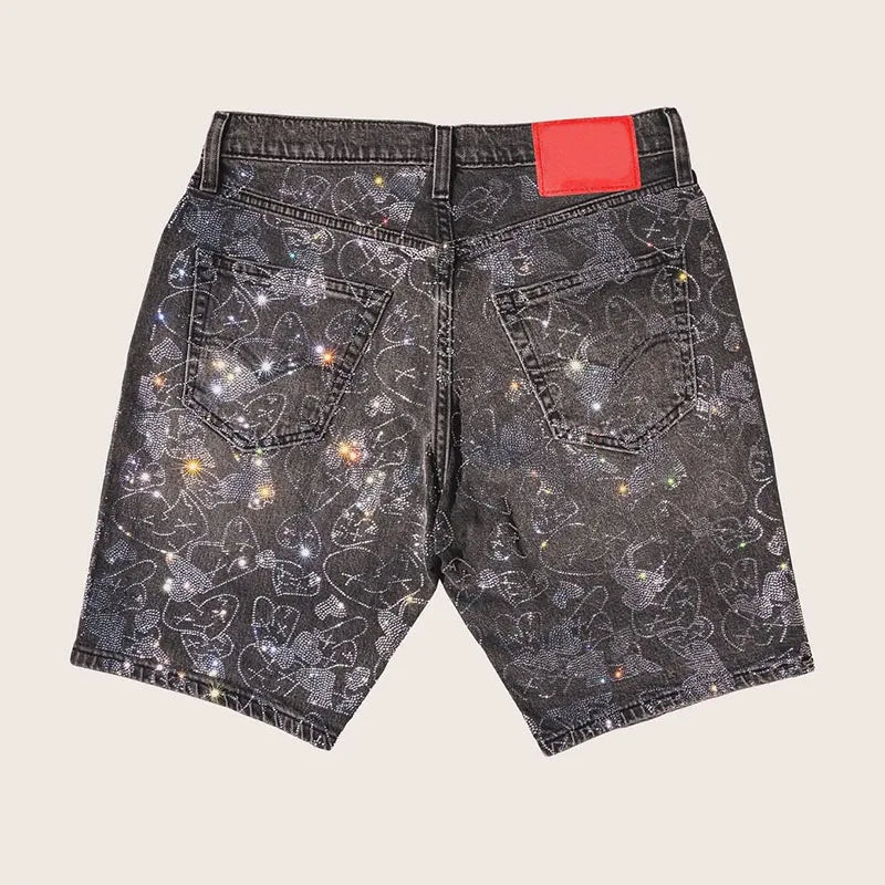 Custom Mens Fashion Rhinestone Denim Shorts for Men Designer Printed Jeans Shorts