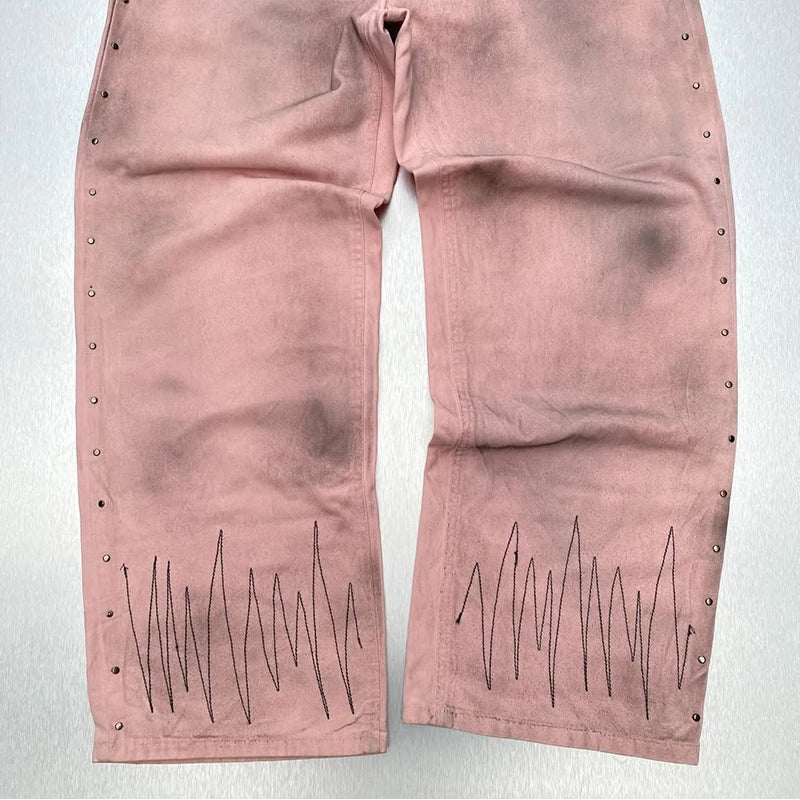 Custom Men's Pink Straight Casual Light Wash Mid Waist Knitted Denim Jeans Washable Spring Street Wear