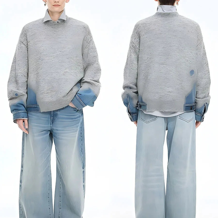 2026 New Design Winter Men's Knitted Crewneck Oversized Casual Solid 100% Cotton Denim Eco-Friendly Anti-Wrinkle Pullover
