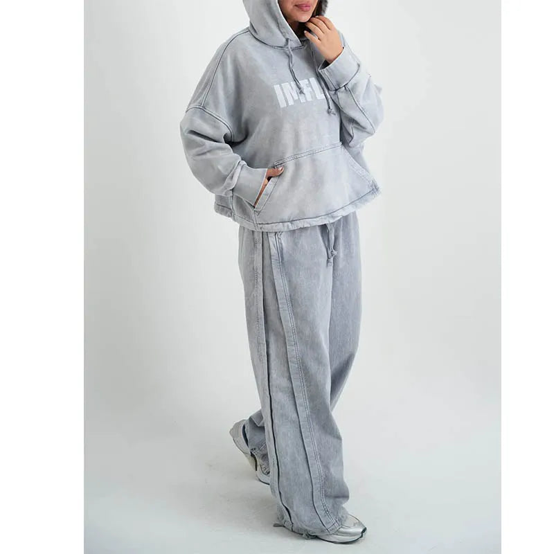 Custom Plus Size Hooded Solid Eco-Friendly 100% Cotton Heavyweight Women's Vintage Casual Winter Tracksuits Set