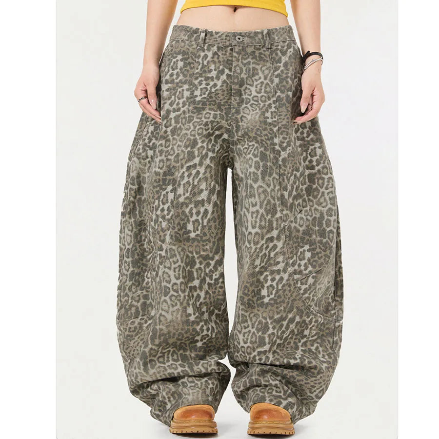 Custom Eco-Friendly Casual Spring Women's Loose Fit Leopard Print Wide Leg Barrel Pants Polyester/Cotton New Styles