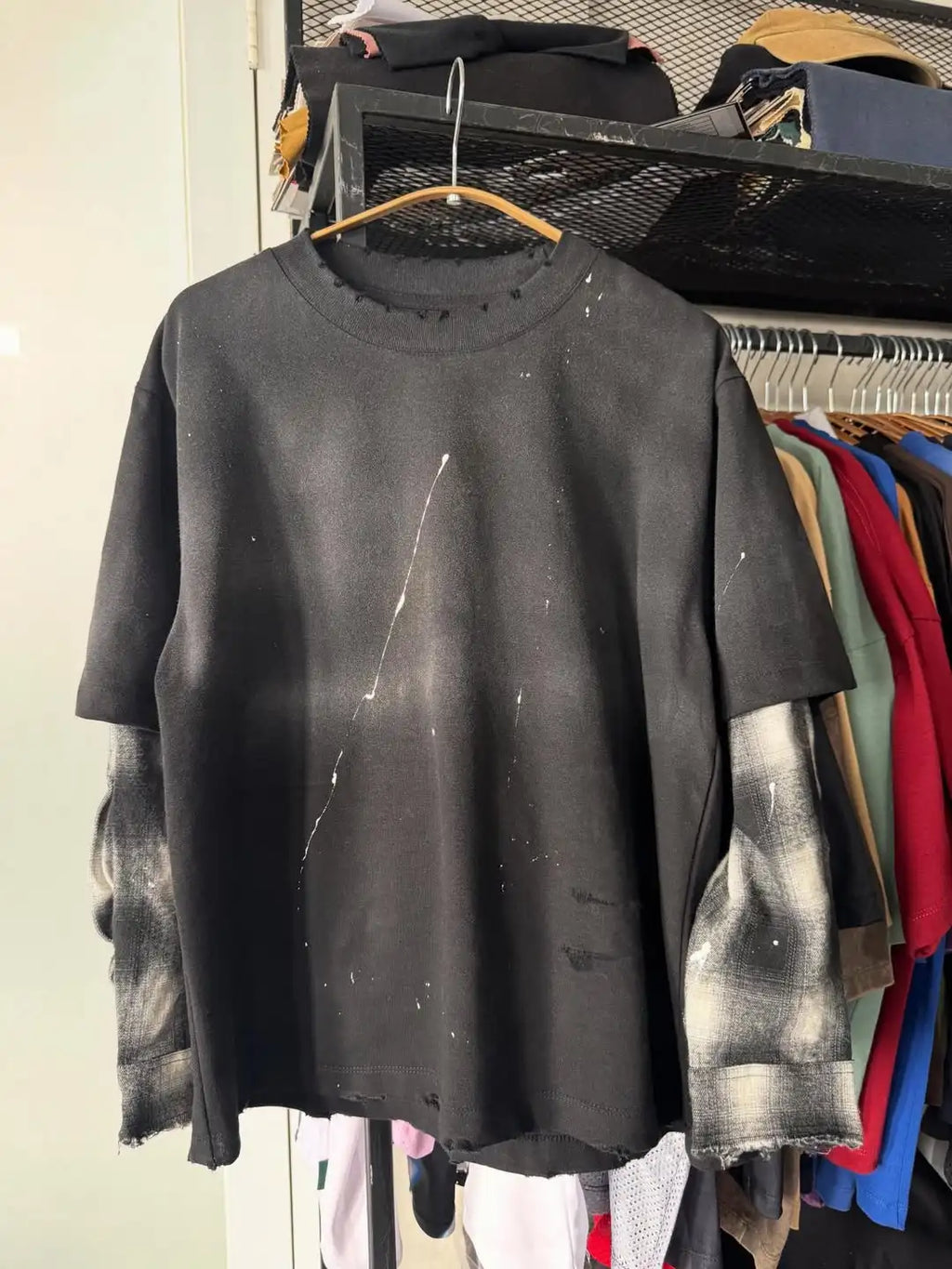 Custom Distressed Double Layer Plaid Long Sleeve T-shirt for Men Vintage Wash Double Layered Tee Shirt